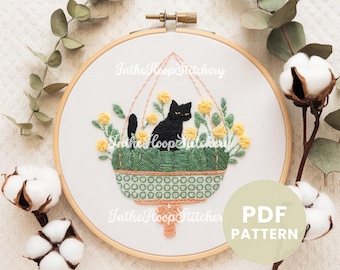 Cat Embroidery, PDF Pattern, Cute Cat Embroidery, Cat Lover, Modern Cat Embroidery, Spring Decor, DIY Cat Silhouette, PNG Instant Download