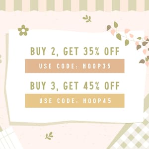 May include: A white and pink floral design with a torn paper effect. The text reads "BUY 2, GET 35% OFF, USE CODE: HOOP35" and "BUY 3, GET 45% OFF, USE CODE: HOOP45".