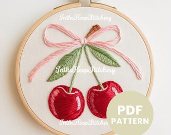 Cherry Embroidery Pattern - Hand Embroidery Design - Sweet Fruit DIY Craft - Beginner Friendly Stitchery