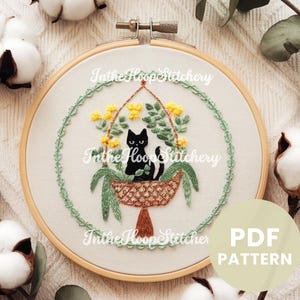 Cute Black Cat Embroidery Pattern, Instant Download, Hand Embroidery, PDF Files, Digital Art Template, Wall Hanging DIY Gift, PNG Pattern