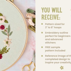 May include: Embroidery pattern for a floral wreath with pink, red, and green flowers. The pattern is sized for 3 to 8 inch hoops and includes a free sample pattern and a reference image of the completed design.