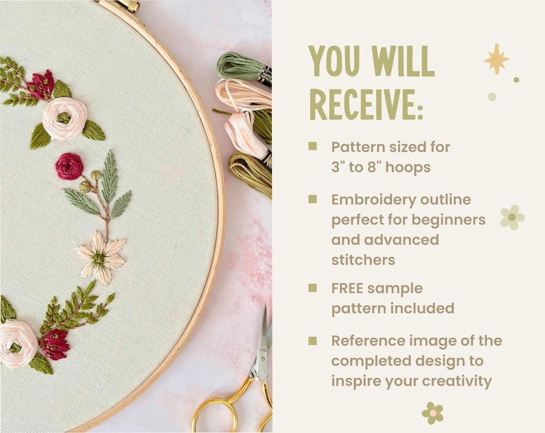 May include: Embroidery pattern for a floral wreath with pink, red, and green flowers. The pattern is sized for 3 to 8 inch hoops and includes a free sample pattern and a reference image of the completed design.
