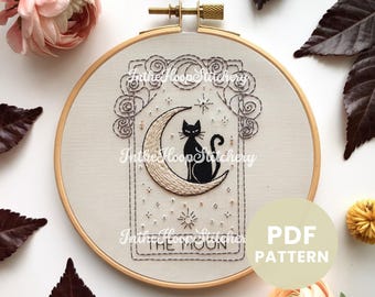 Embroidery Pattern, Tarot Card the Moon, DIY Craft, Cat Tarot Card, Easy Modern Craft, Embroidery, Instant Download