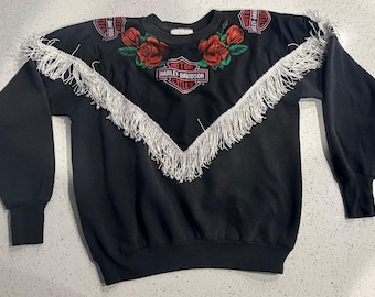 Sudadera vintage de los años 80 para mujer con flecos y borlas Harley Davidson, talla grande.