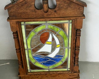 30x18 Vtg Stained Glass Window Hanging English Old World Sailing Ship Boat Decor