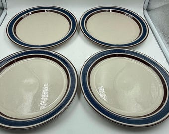 4 platos llanos de gres auténtico japonés de 25 cm (10") de la marca The Market Place, color azul/marrón.