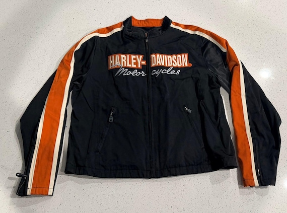 Harley-Davidson, Vintage Harley-Davidson Womens XL Racing Jacket Black Orange Embroidered