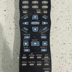 May include: Black JVC RM-SXV037J remote control with numerous buttons for various functions. Features buttons for power, volume, and channel selection, along with menu and navigation controls. The remote is designed for ease of use.