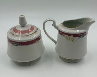 Vintage Sango Majesty Taupe Fantasy 8394 Sahnekännchen und Zuckerdose mit Deckel, Goldrand