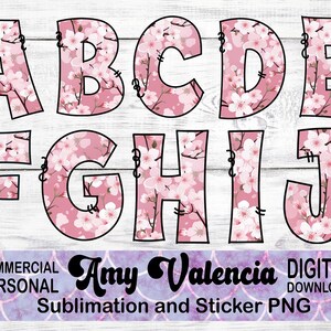 Bundle de fleurs de cerisier Doodle lettres PNG, Alphabet fleurs de printemps, gribouillage dessiné à la main, sublimation design dessiné à la main, lettre florale