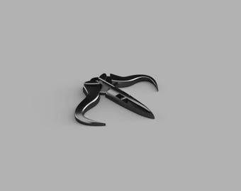 May include: A black metal object with a sharp point and two curved arms. The object is designed to resemble a stylized animal head.