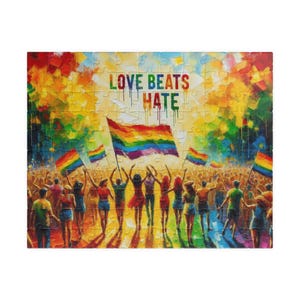 Puede incluir: Una pintura colorida de una multitud de personas que sostienen banderas arcoíris y celebran. El texto "LOVE BEATS HATE" está escrito en pintura que gotea en la parte superior de la imagen.