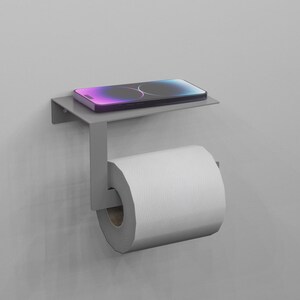 Suporte de papel higiênico de parede cinza com prateleira, organizador de banheiro elegante, acessório de metal cinza minimalista, design moderno que economiza espaço