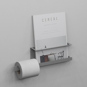 Elegante suporte de papel higiênico de parede cinza e porta-revistas, prateleira de metal durável, organizador de banheiro moderno, decoração de parede cinza neutra