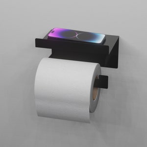 Suporte de papel higiênico de parede preto moderno com prateleira, organizador de banheiro de metal elegante, design minimalista que economiza espaço