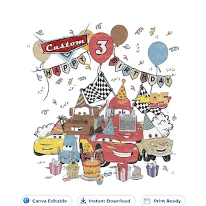 Puede incluir: Una ilustración digital con coches de carreras de dibujos animados con gorros de fiesta, rodeados de globos, confeti y cajas de regalo. Una pancarta dice Happy Birthday con el número 3 y el texto Custom y 95. Incluye banderas a cuadros.