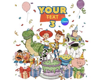 Immagine PNG di compleanno a tema Toy Story, logo personalizzato con nome, modello Canva modificabile, design per maglietta di compleanno