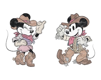 Coppia retrò Topolino e Minnie cowboy cowgirl PNG, Topolino del selvaggio West, Paese western PNG, Viaggio al Magic Kingdom, Abbinamento Disneyland SVG