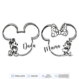 May include: Black and white graphic featuring Mickey and Minnie Mouse silhouettes. Mickey's silhouette has the word "Dada" and Minnie's has "Mama". The Minnie Mouse silhouette includes a polka dot bow. The design is suitable for family-themed crafts.