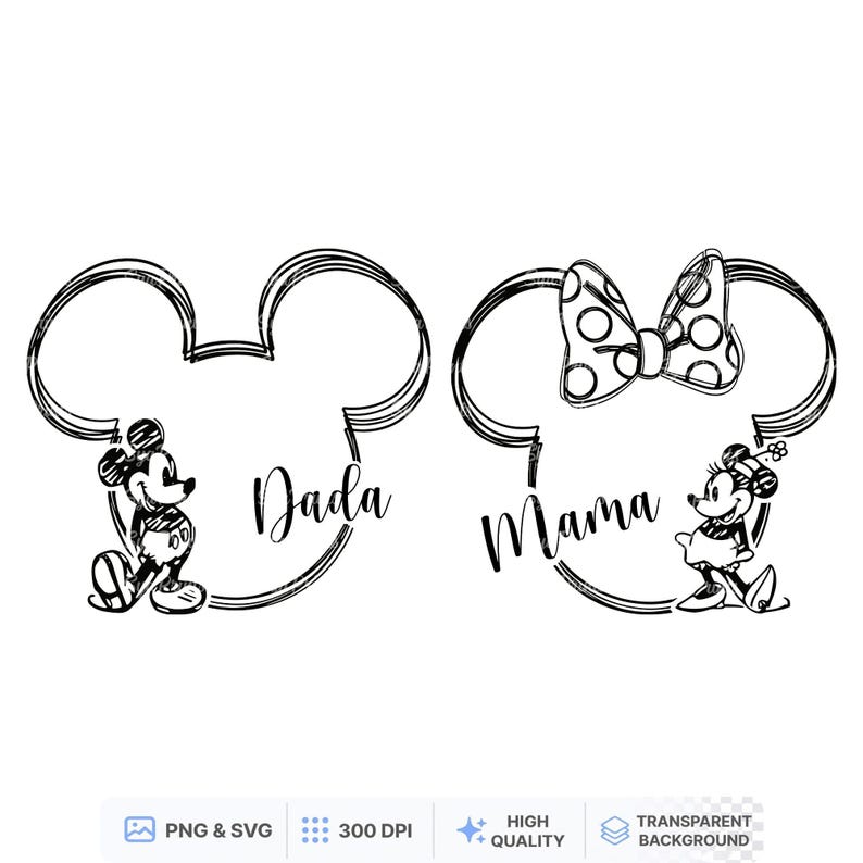 May include: Black and white graphic featuring Mickey and Minnie Mouse silhouettes. Mickey's silhouette has the word "Dada" and Minnie's has "Mama". The Minnie Mouse silhouette includes a polka dot bow. The design is suitable for family-themed crafts.