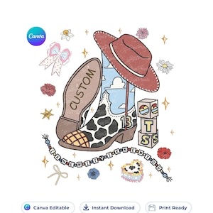 May include: A digital illustration featuring a cowboy boot with a cow print pattern, a red hat, and a stack of blocks with the letters T, S, and S. The design includes a beaded string with the text I KNEW IT I KNEW YOU and a boot sole labeled CUSTOM.