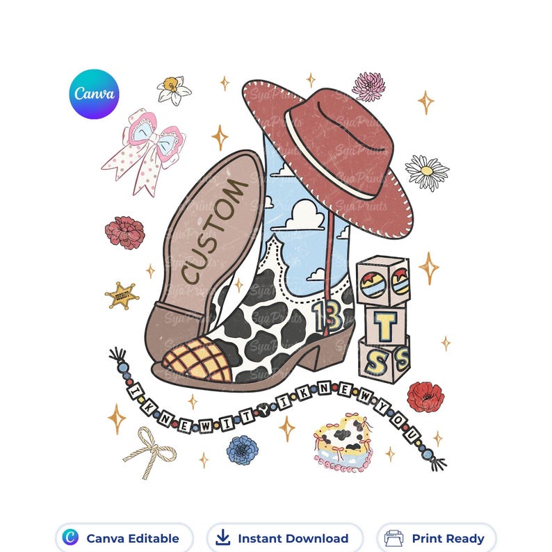 May include: A digital illustration featuring a cowboy boot with a cow print pattern, a red hat, and a stack of blocks with the letters T, S, and S. The design includes a beaded string with the text I KNEW IT I KNEW YOU and a boot sole labeled CUSTOM.