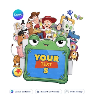 Op de afbeelding: Een digitale illustratie met een groen, kikker-vormig frame met een blauw scherm waarop de tekst YOUR TEXT 5 in geel en rood staat. Achter het frame staan diverse stripfiguren, waaronder een cowboy, een cowgirl en een space ranger.