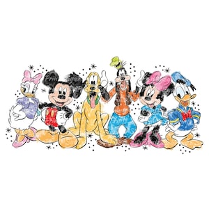May include: A watercolour illustration of Mickey Mouse, Minnie Mouse, Donald Duck, Goofy, Pluto and Daisy Duck. The characters are all smiling and standing in a row. The background is white with black dots.