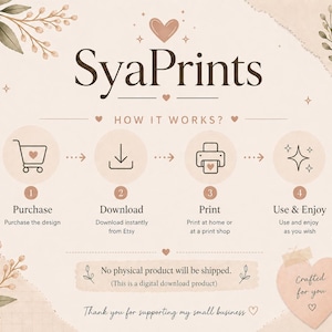 Op de afbeelding: Een instructieafbeelding voor SyaPrints met een proces in vier stappen: kopen, downloaden, printen en gebruiken. Het ontwerp bevat iconen voor een winkelwagentje, downloadpijl, printer en sterretjes, met florale accenten op een beige achtergrond.