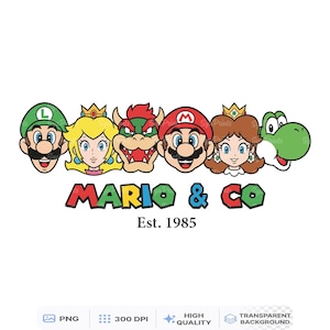 以下が含まれることがあります： マリオシリーズのキャラクター、マリオ、ルイージ、ピーチ姫、クッパ、デイジー、ヨッシーなどの漫画のキャラクターが描かれたカラフルなグラフィック。キャラクターの下には「MARIO & CO」の文字、その下に「Est. 1985」と表示されています。