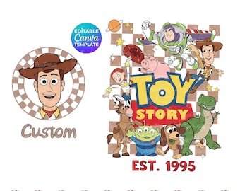 Nome personalizzato Toy Story PNG, modello Canva modificabile, design per maglietta Jessie Woody Buzz
