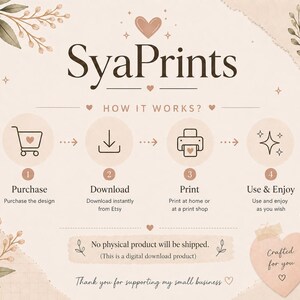May include: An instructional graphic for SyaPrints featuring a four-step process: Purchase, Download, Print, and Use & Enjoy. The design includes icons for a shopping cart, download arrow, printer, and sparkles, with floral accents and a heart shape.