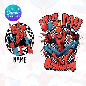 Editable Spider-Man Birthday PNG, Superhero Shirt Design, Canva Template (Instant Download)