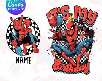 Redigerbar Spider-Man-födelsedag PNG, superhjälteskjortdesign, Canva-mall (direkt nedladdning)