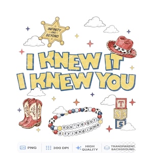 K&ouml;nnte beinhalten: Ein Grafikdesign mit dem Text I KNEW IT I KNEW YOU in Gelb mit blauen Umrandungen. Elemente umfassen einen Sheriffstern mit INFINITY AND BEYOND, einen roten Cowboyhut, Cowboystiefel, ein Armband mit YOU'VE GOT A FRIEND IN ME und Spielw&uuml;rfel.