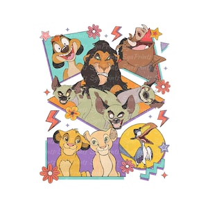 Puede incluir: Un gráfico colorido con personajes de El Rey León. La imagen incluye a Simba, Nala, Timón, Pumba, Scar, Zazú e hienas. El diseño incorpora formas geométricas, flores y rayos.