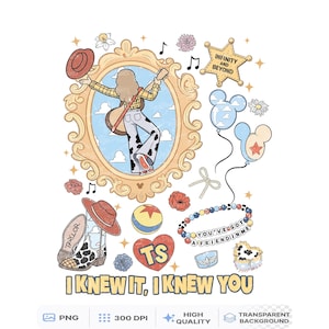 Puede incluir: Una ilustraci&oacute;n digital que muestra a una persona con una guitarra dentro de un marco dorado ornamentado, rodeada por un sombrero de vaquero, una insignia de sheriff con el texto INFINITY AND BEYOND, globos, una pulsera de cuentas con el texto YOU'VE GOT A FRIEND IN ME y el texto I KNEW IT, I KNEW YOU.