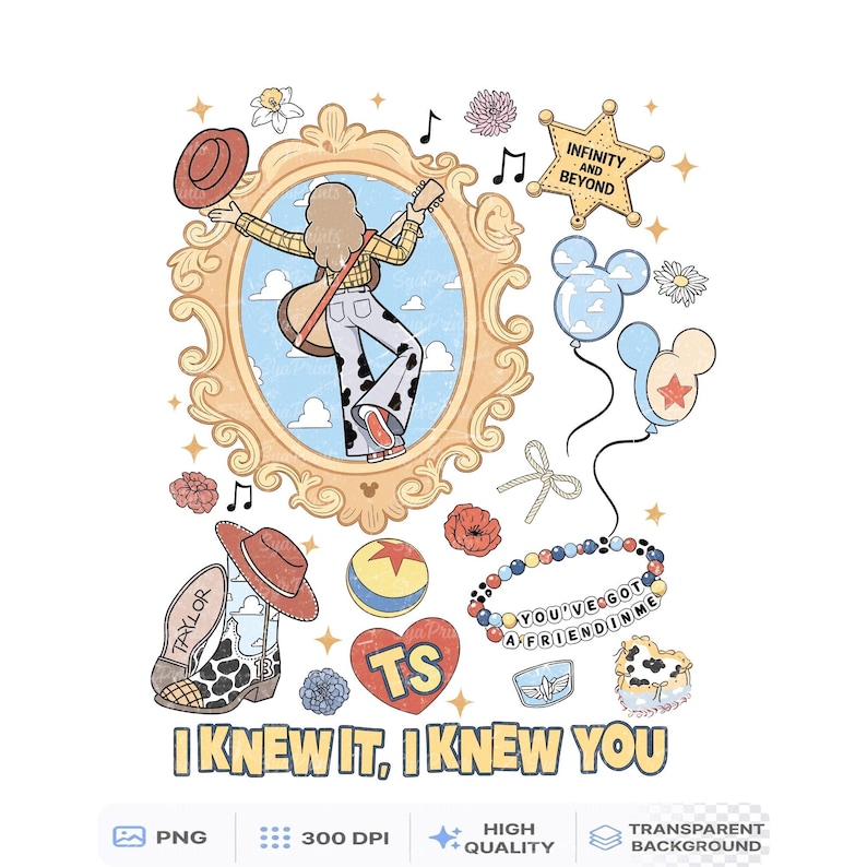 Puede incluir: Una ilustraci&oacute;n digital que muestra a una persona con una guitarra dentro de un marco dorado ornamentado, rodeada por un sombrero de vaquero, una insignia de sheriff con el texto INFINITY AND BEYOND, globos, una pulsera de cuentas con el texto YOU'VE GOT A FRIEND IN ME y el texto I KNEW IT, I KNEW YOU.