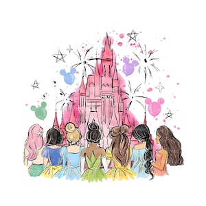 Puede incluir: Ilustración en acuarela de siete figuras con varios peinados, frente a un castillo rosa. Fuegos artificiales y globos de Mickey Mouse en el cielo. Las figuras llevan vestidos coloridos. El castillo es el punto focal.