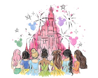 Watercolor Princesses Png, Retro Colorful Castle Png, Mouse Ear Castle Png, Family Vacation, Magic Kingdom Png, Sublimation Design Png