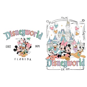 May include: Two Disney World graphic designs on a white background. One features Mickey, Minnie, Donald, Daisy, Goofy, and Pluto. The other shows the Disney World castle with the same characters. Both designs include the text "Disneyworld" and "Est. 1971".