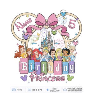 May include: A vibrant birthday design with Disney princesses, a pink bow, and the words "Birthday Princess." The design includes a castle, fireworks, and the number 5, ideal for a child's birthday celebration.