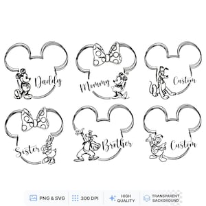 May include: Black and white Mickey Mouse-themed family designs. Each design features a Mickey Mouse head outline with a character and a family role label such as "Daddy", "Mommy", "Sister", "Brother", and "Custom". The designs include PNG & SVG formats.