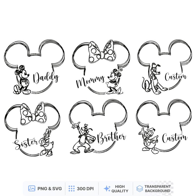 May include: Black and white Mickey Mouse-themed family designs. Each design features a Mickey Mouse head outline with a character and a family role label such as "Daddy", "Mommy", "Sister", "Brother", and "Custom". The designs include PNG & SVG formats.