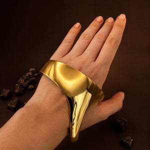 18K Gold Plated & Silver Palm Bracelet • Brass Avant Garde Hand Cuff • Adjustable Minimalist Palm Cuff • Sculptural Statement Hand Jewelry