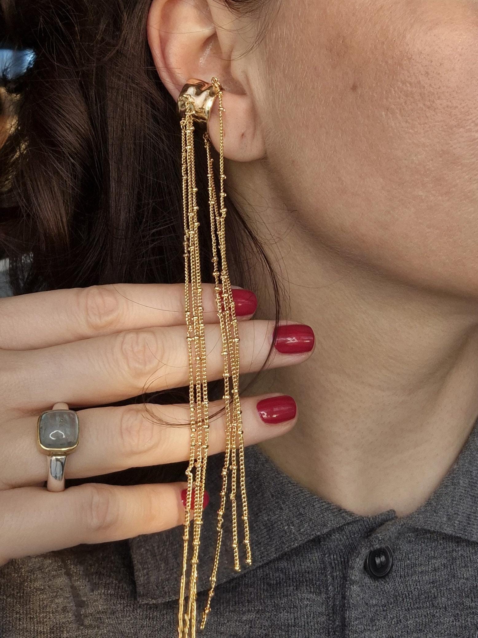 Gold Chain Ear Cuff, Long Tassel Ear Wrap, Party Statement Earcuff, No…