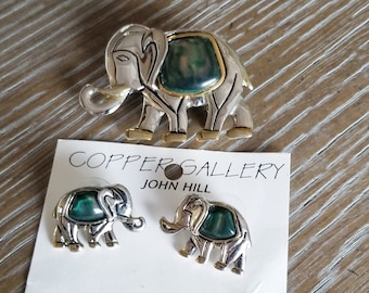 Elephant Jewelry Set Earrings Brooch Pendant Silver Gold Copper Gallery John Hill Hand Crafted Costume Jewelry NOS