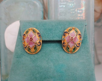 Vintage Cloisonne Earrings Oval Post Clutch Gold Pink Floral Asian Costume Jewelry