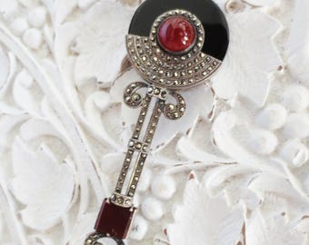 Vintage Silver Marcasite Brooch Art Deco 835 Black Carnelian Long Pin