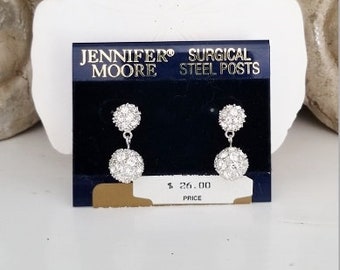 Rhinestone Earrings Silver Jennifer Moore Dangle Costume Estate Jewelry NOS Surgical Steel Posts